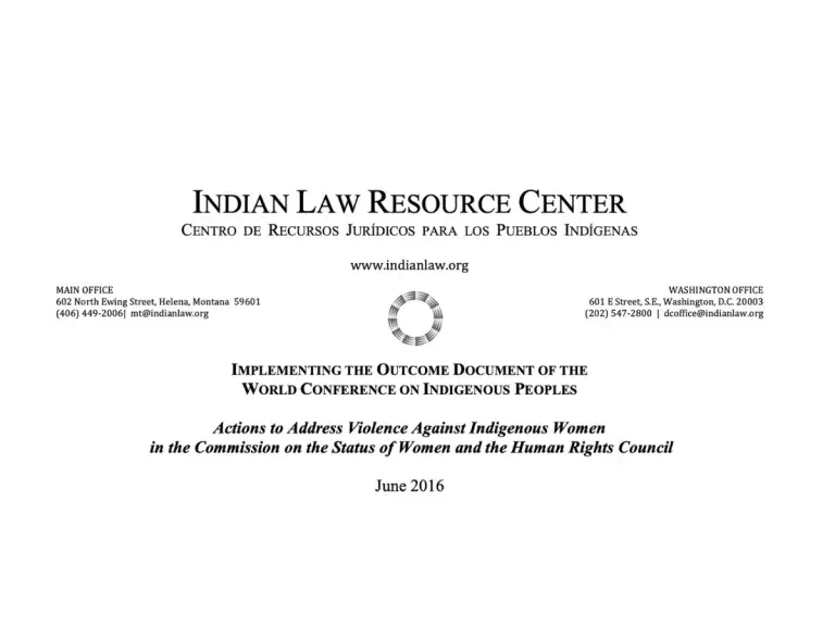 Image shows text and reads &quot;IMPLEMENTING THE OUTCOME DOCUMENT OF THE WORLD CONFERENCE ON INDIGENOUS PEOPLES Actions to Address Violence Against Indigenous Women in the Commission on the Status of Women and the Human Rights Council June 2016&quot;