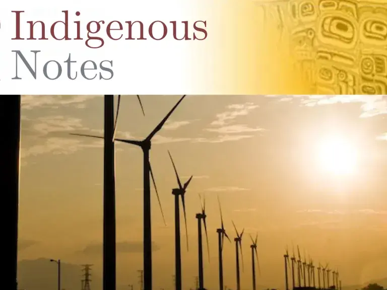 The image shows a long line of wind turbines with text that reads: Indigenous Notes