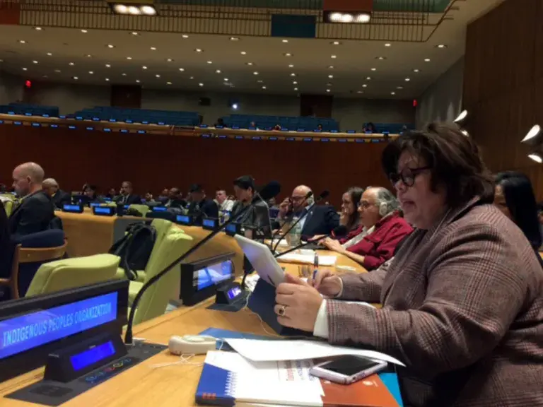 La imagen muestra a una mujer con cabello oscuro hablando en una conferencia.