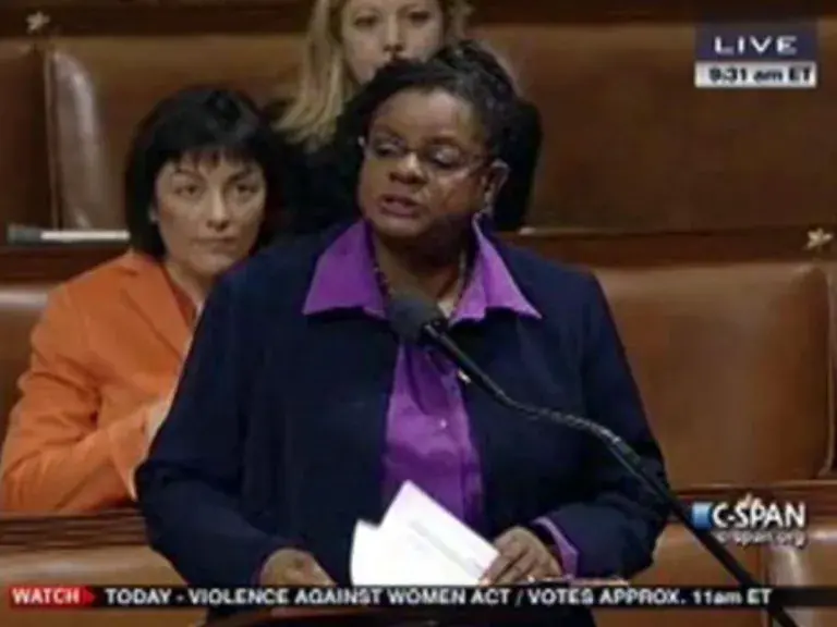 The photo shows a single woman sharing a statement on CSPAN.