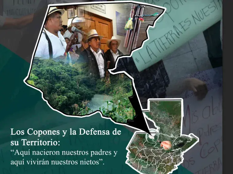 La imagen muestra un grupo de hombres inígenos que abogan por la propiedad de la tierra indígena en Guatemala
