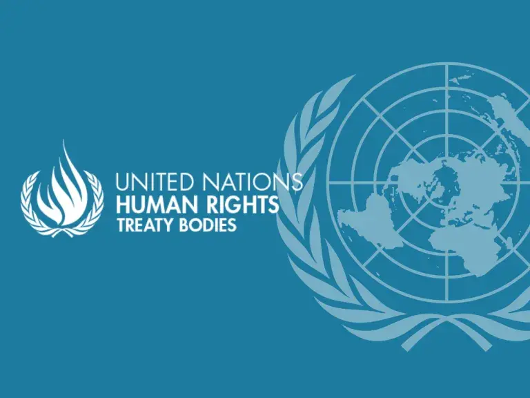 The image shows the UN logo in the background with text in the foreground that reads: United Nations Human Rights Treaty Bodies