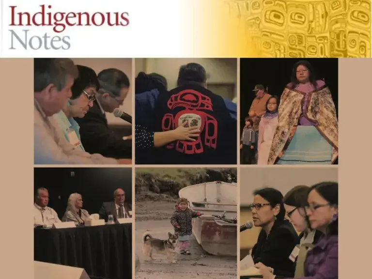 The photo shows six images, one with three people sitting next to each other, one with a man wearing a traditional eagle image, and the next shows a woman wrapped in a blanket. The photo in the row below shows three people sitting at a table together, the middle picture shows a child next to a dog, and the last image shows three people sitting next to each other.
