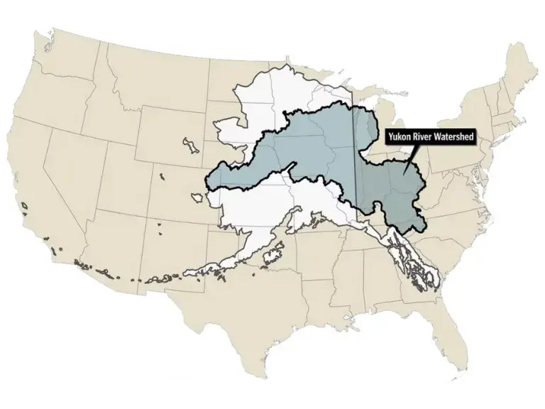 Map shows a digital graphic of a map locating the Yukon Watershed